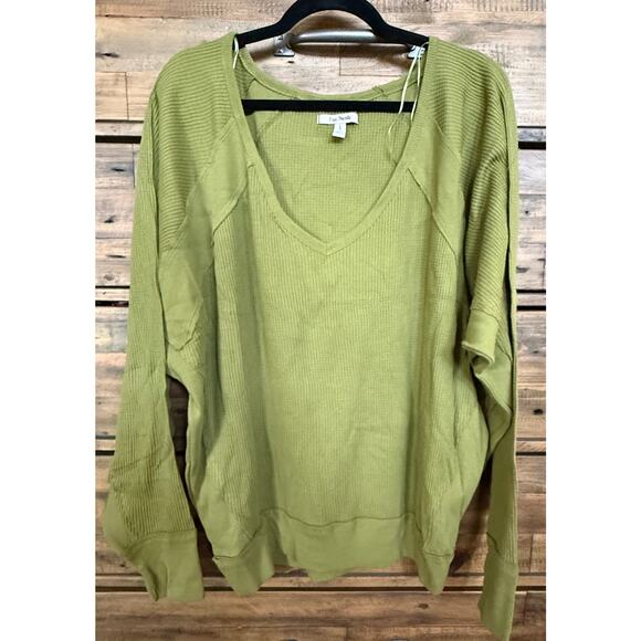 Free People Women's Large V-Neck Top Green Ferngully Waffle Pullover New - Picture 1 of 7